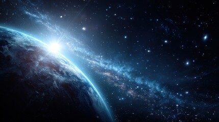 Obraz premium Earth planet sunrise over the horizon in deep space with starry galaxy background