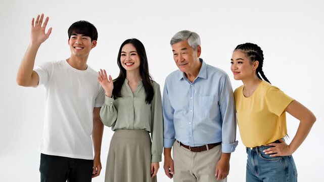 Diverse Group of Four People Waving Hello in Studio Portrait