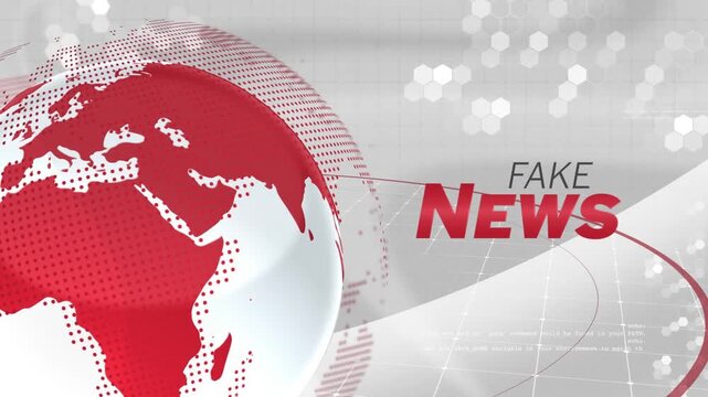 Animation of fake news text with globe on grid pattern against hexagons on black background