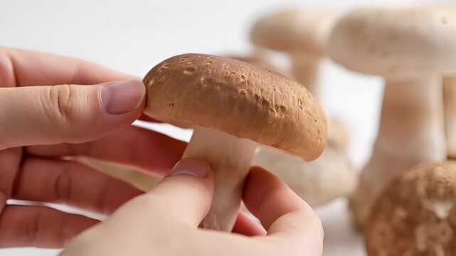 Hands Arranging Fresh Mushrooms on White Background, Close Up Macro Shot