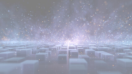 Obraz premium 青い地平線から差し込む光と手前に並ぶデジタル立方体の影