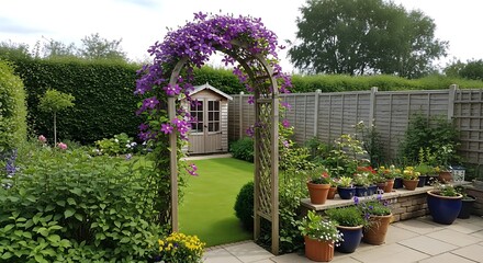 Obraz premium Garden archway adorned with purple flowers and lush greenery