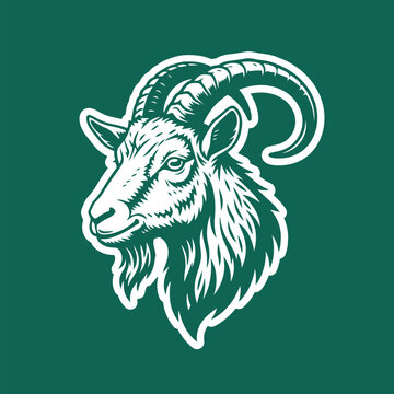 Goat Portrait Illustration with White Outline on Green Background