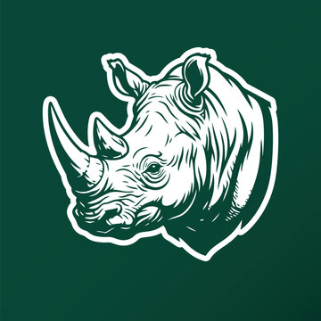 Rhinoceros Portrait Illustration with White Outline on Green Background