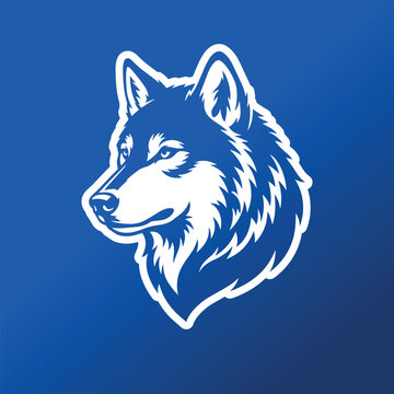 Wolf Portrait Illustration with White Outline on Blue Background