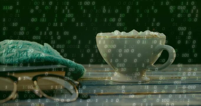 3D render white cup holding whipped cream, overlaying binary code on table, teal garment, glasses