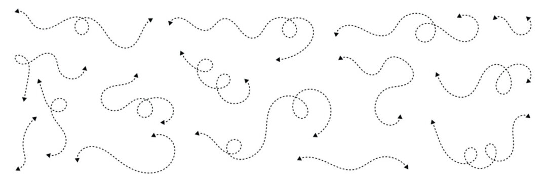 Set of double squiggle line dashed arrows. Dash curved vector editable stroke arrows . Vector Illustration .EPS 10 .