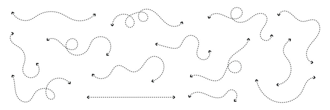 Set of double squiggle line dashed arrows. Dash curved vector editable stroke arrows . Vector Illustration .EPS 10 .