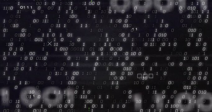 Green traces sliding, binary digits drifting, packing, forming dense matrix showing data