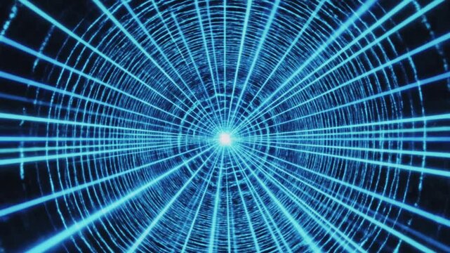 Abstract neon light background. Multiple blue laser waves form a radiating mesh of concentric stripes, producing a vibrant sci-fi backdrop with energy and depth. 3d render illustration