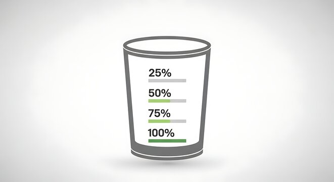 Glass with levels representing percentage indicators on a white background
