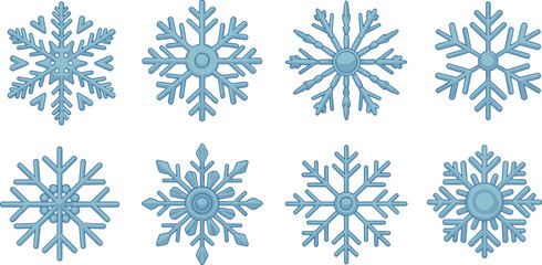 Winter snowflake collection, unique blue ice crystal designs, geometric symmetry, seasonal holiday decoration, frosty cold weather illustration, atmospheric crystallography art