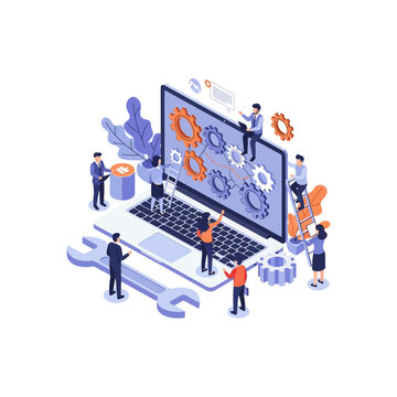 Isometric illustration of a team of small people working on a giant laptop, symbolizing system maintenance and development.