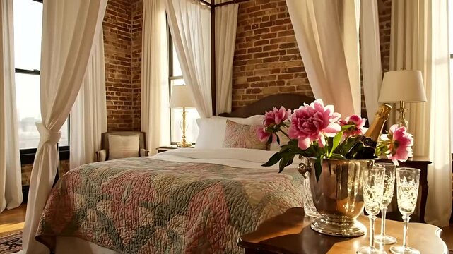 Luxurious romantic hotel room with a four-poster bed, white canopy drapes, exposed brick wall, and a champagne bucket with glasses and pink peonies, perfect for a honeymoon or special occasion.