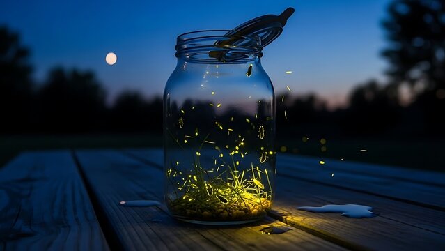 Soft Glow of Fireflies in a Jar at Dusk, Nostalgic Childhood Summer Memories and Nature Beauty Illustration