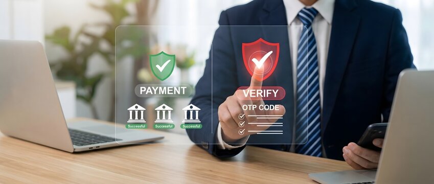 Businessman holding a phone with otp verification for secure payment on a laptop