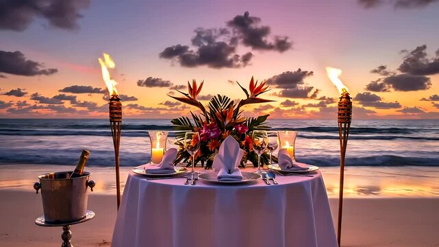 Romantic beach dinner setting with white tablecloth, elegant place settings, tropical flowers, and flickering tiki torches at sunset, perfect for luxury travel and honeymoon concepts.