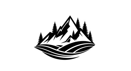 Minimalist landscape illustration featuring mountains, pine trees, and waves, evoking nature and adventure on an isolated white background.