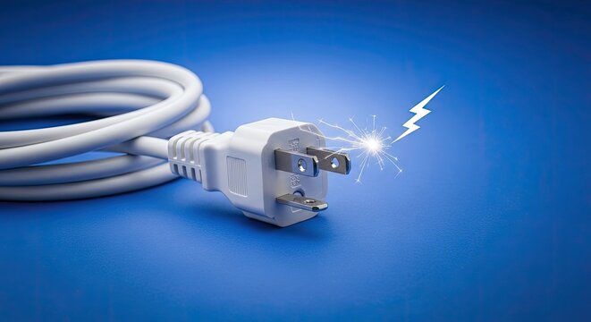 A white electrical plug is connected to a blue outlet. A bright flash of lightning emanates from the plug, symbolizing electrical shock.