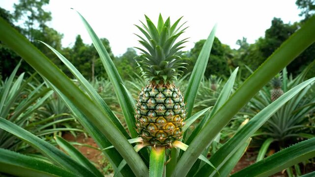A close-up view of a vibrant green pineapple plant with a ripening fruit growing in a tropical plantation under a bright sky.