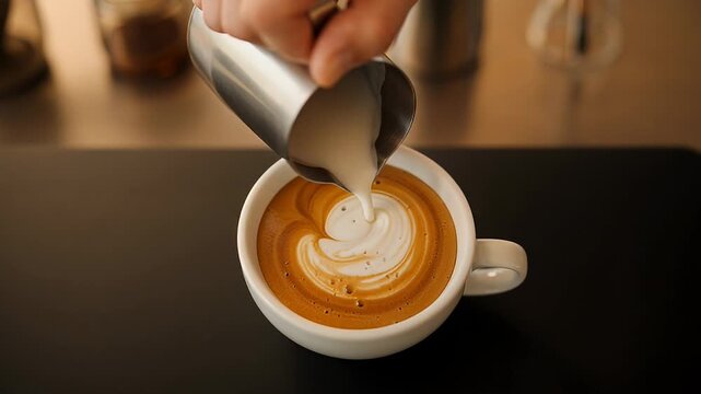 Pouring milk into a cup of coffee creating latte art design