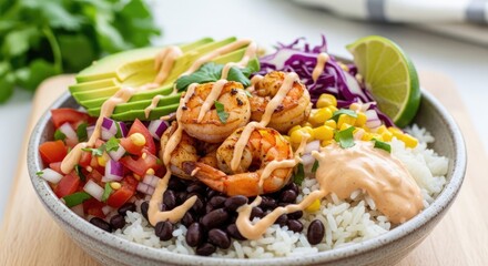 A vibrant shrimp bowl sits on a wooden cutting board.