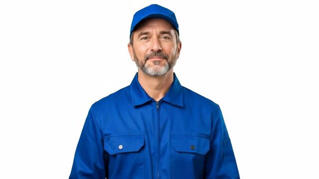 Smiling professional in blue uniform pointing towards the viewer with confidence
