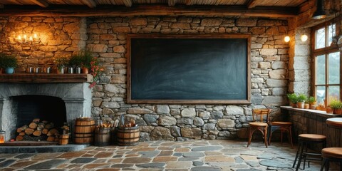 Naklejka premium Rustic interior features stone walls, fireplace, blackboard, wooden beams. Warm lighting creates cozy atmosphere. Plants add life.