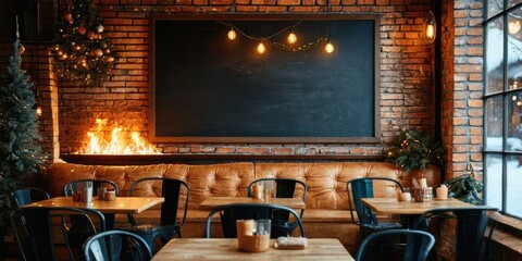 Naklejka premium Cozy restaurant interior. Brick walls, warm lighting, festive decorations. Tables set for dining near fireplace, window view.