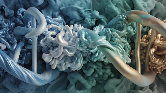 Abstract blue and green swirling fluid forms with intricate DNA helix structures representing genetic science and