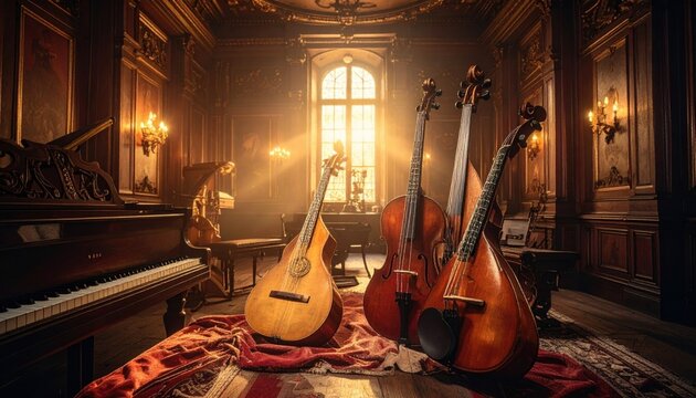 An antique collection of string musical instruments including lutes violas and cellos displayed in an ornate vintage room