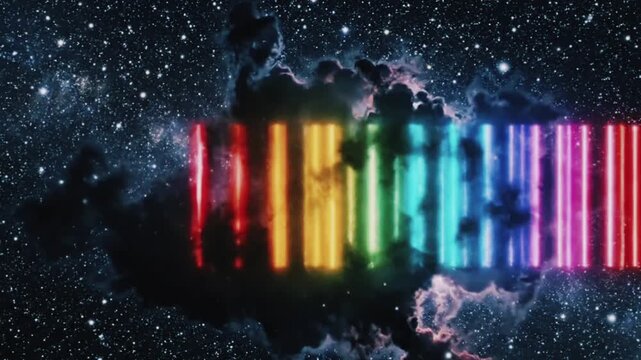 Vertical rainbow neon bars pass through a dark cloud as starfields shimmer; unique space backdrop for music or VJ. 3D render motion.