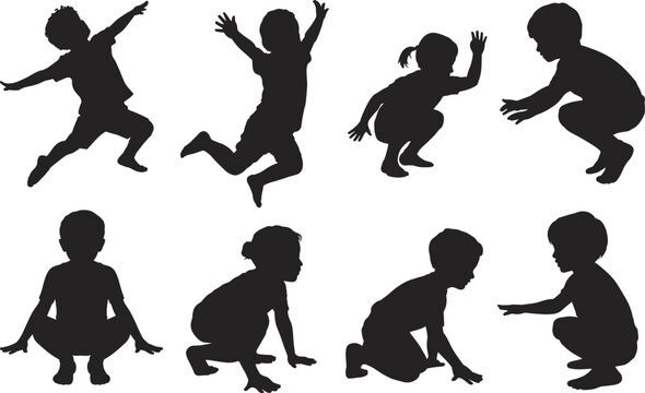 Children silhouettes jumping squatting and crawling poses set, active kids playing and body movement collection isolated on white background, childhood activity concept