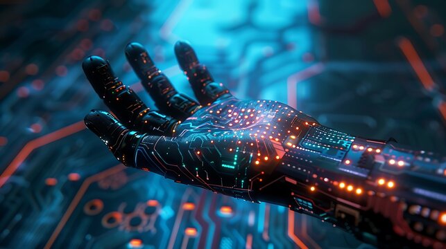 Detailed cybernetic hand with glowing circuitry, a futuristic digital concept