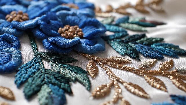 This piece features elegant handcrafted floral embroidery with intricate blue petals, gold accents, and delicate beadwork on soft fabric.