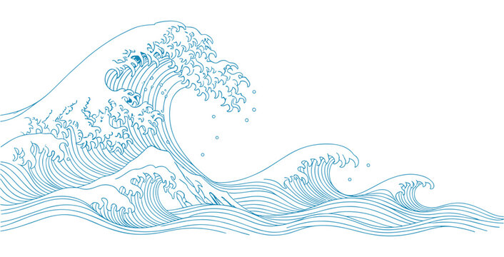 Stylized ocean waves in blue vector art japanese inspired drawing