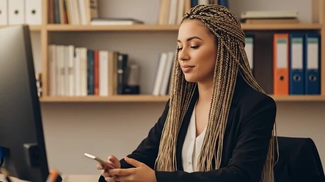 Professional woman checking her smartphone at her office desk amidst bookshelves.