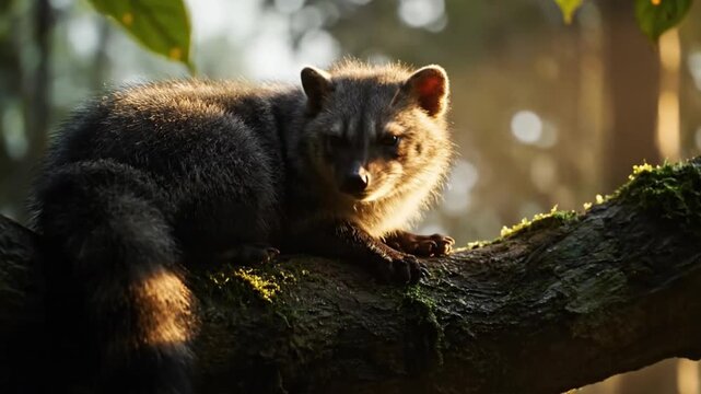 Binturong resting on tree branch forest.