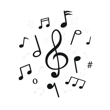 Musical note symbols with a treble clef. Black notes on white background.