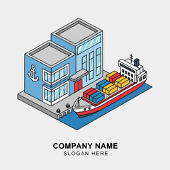 Naklejka premium Isometric illustration of a warehouse with a cargo ship docked beside it.