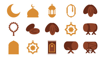 Vector Illustration Set of Islamic Culture and Ramadan Festival Icons with Flat Design Elements for Religious Celebrations and Holy Month Themes