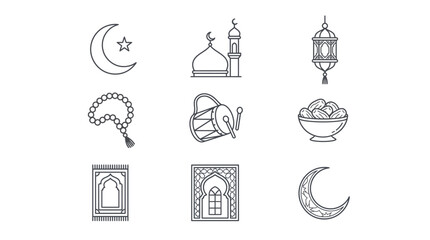 Fototapeta premium Minimalist vector line art of Islamic symbols and cultural elements for religious holidays. Outline icons depicting Ramadan and Eid al-Fitr celebrations