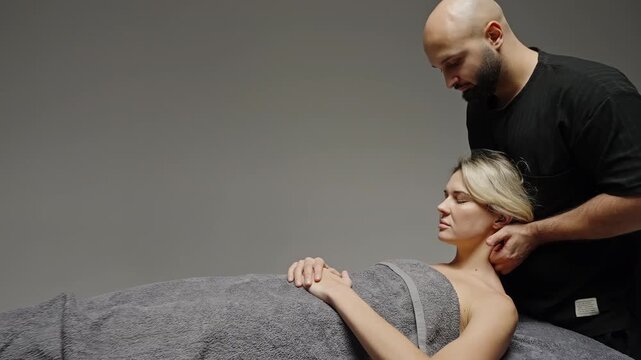 Professional massage therapist delivers a calming neck and shoulder treatment to a draped client lying supine on a spa table, emphasizing relaxation, wellness, and bodywork.