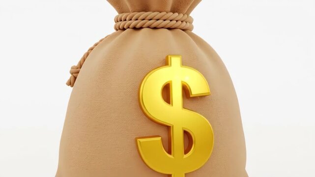 A brown fabric sack symbolizing wealth with a golden dollar sign emblem.