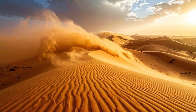 Golden Desert Sand Dunes with Dust Storm at Sunset