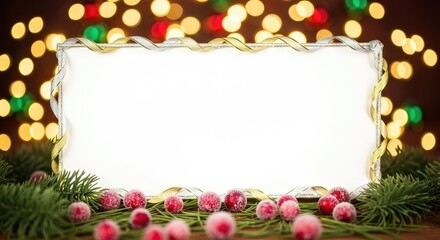 Christmas card with a white frame and red berries on a wooden table with a bokeh background.