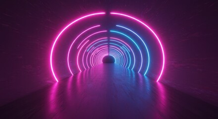 Fototapeta premium Glowing neon rings illuminate a dark, receding corridor with a futuristic ambiance