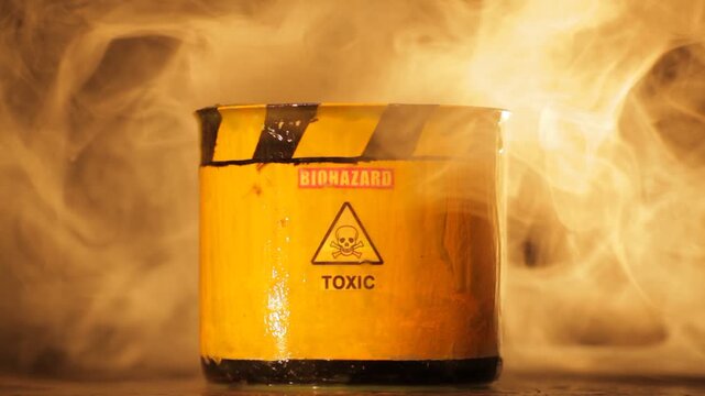 Toxic green slime  is coming out from a barrel in a smoky ambient