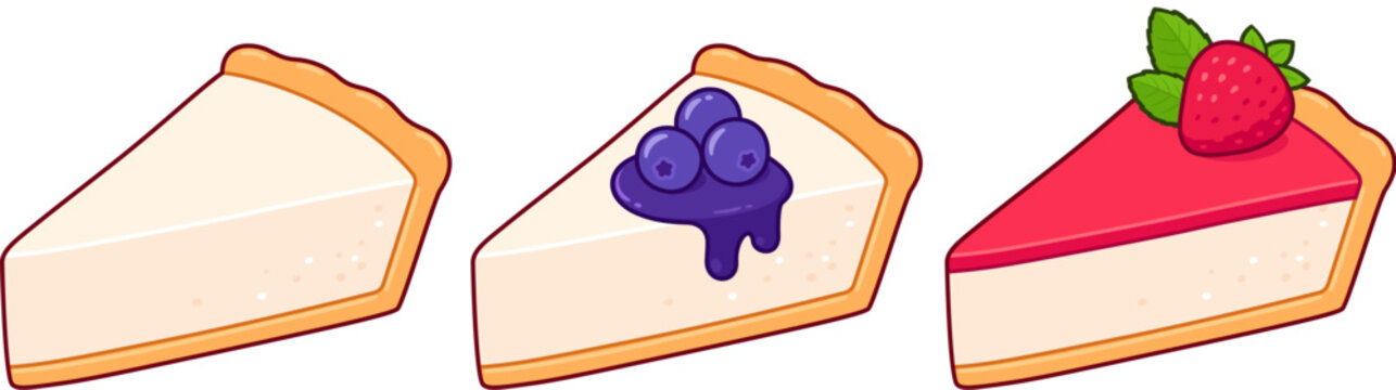 Cartoon cheesecake slices set with different toppings. Plain vanilla, fruits with syrup (blueberry, strawberry). Isolated vector clip art illustration.