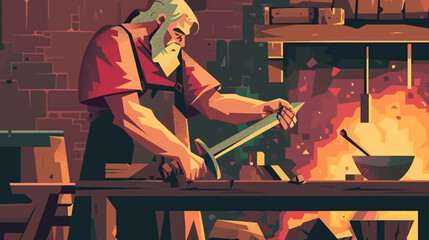 Fototapeta premium Blacksmith crafts metal sword in forge illustration for design or editorial